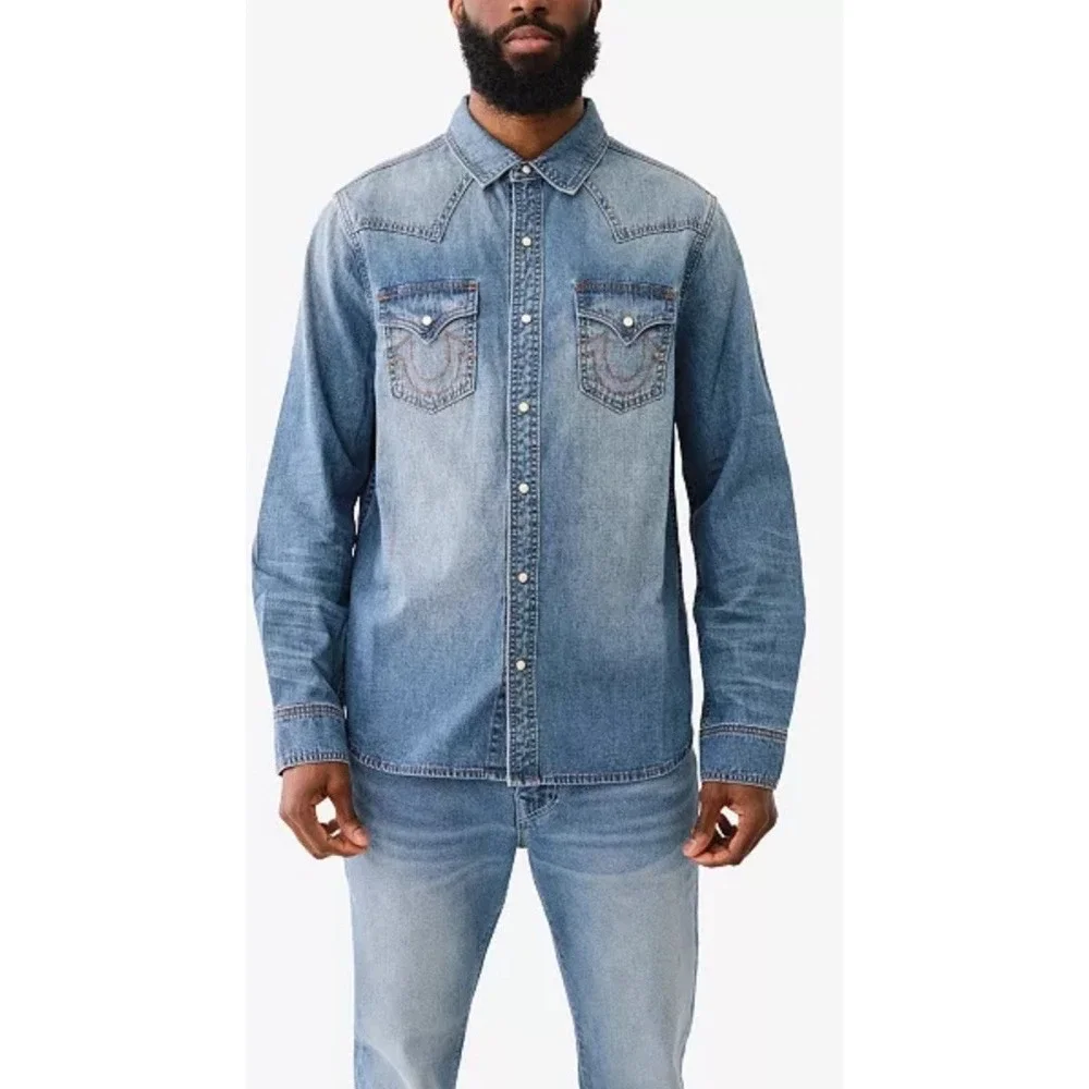 NWT True Religion Denim Long Sleeve Shirt Western Chambray Pearl Snap Men's S